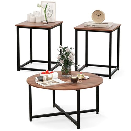 COSTWAY Coffee Table Set of 3, Round Wood Grain Coffee Table and 2 Square End Side Tables with Metal Frame, Modern 3-Piece Living Room Tables Set for Small Space, Apartment (Walnut & Black) - color: Walnut & Black