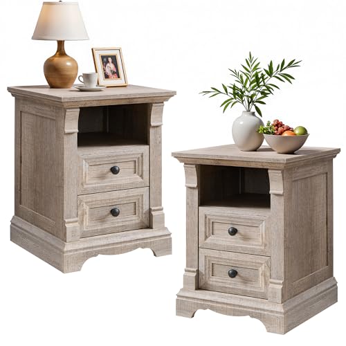 Nightstand Set of 2, 18" Wood Side Table with Charging Station Roman Column | End Table, Bedside Cabinet for Bedroom, Living Room, Light Rustic Oak - color: Light Rustic Oak, size: 18"D x 18"W x 24"H