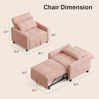 Convertible Sleeper Chair Sofa Bed, 3-in-1 Pull Out Sofa Chair, Pink | 3 in 1 Chair Bed, Adjustable Backrest, Storage Pocket, Compact Fit for Living Rooms, Apartments, Guest rooms - color: Pink Premium Velvet