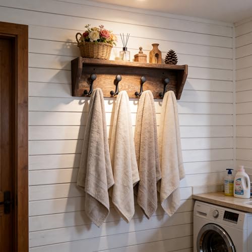 SKOLOO Wall Shelf with Hooks, 24-Inch, Weathered Brown | Coat Rack Wall Mount with Shelf, Heavy Duty, 4 Tri Hooks, Perfect for Entryway, Hallway, Living Room, Bedroom, Mudroom - color: Weathered Brown, size: 24 inch with 4 hooks