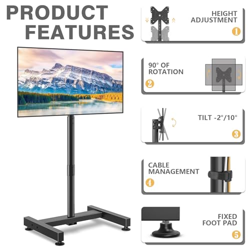 TV Floor Stand for 13-50 inch LCD LED Flat/Curved Panel Screen TVs up to 44 lbs, Height Adjustable TV Stand Mount with VESA 200x200, Portable TV Stand for Bedroom, Dorm Room, Office | Tilting and Rotating Mount, Portrait to Landscape, Height Adjustable Po