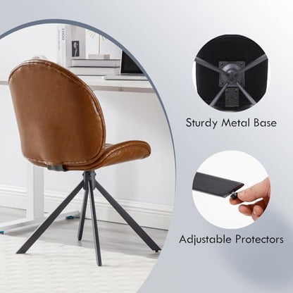 PU Leather Swivel Office Chair No Wheels, Small Comfy Mid Century Armless Desk Chair, Cute Swivel Vanity Chairs No Wheels for Small Spaces, Bedroom,Living Room,Home Office, Brown - color: Brown-pu