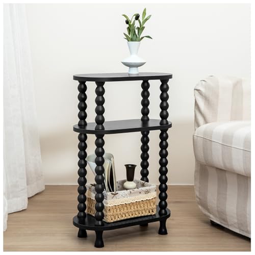 3-Tier Narrow Side Table, Slim End Table for Small Spaces | Skinny wooden side table with shelf storage. Ideal as living room accent or bedroom nightstand.Easy assembly, space-saving - color: Black