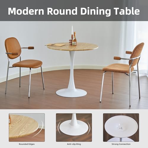 Round Dining Table, 24" Circle Tulip Table with Thickened Tabletop & Metal Pedestal, Mid Century Modern Bistro Table for Kitchen, Small Places, Living Room, Cafe (Faux Oak) - color: Faux Oak, size: 24"