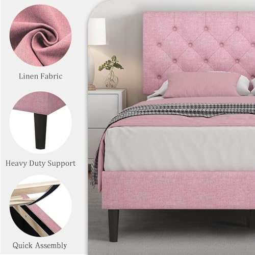 HOMBCK Full Bed Frame with Headboard, Linen Fabric Upholstered Bed Frame Full, Pink Bed Frame with Wood Slats, Button Tufted, No Box Spring Needed, Pink - color: Pink, size: Full