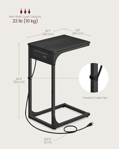 VASAGLE C-Shaped Side Table with Charging Station, 2 USB Ports and Outlets | End Table, C Table for Couch, Sofa, Adjustable Feet, for Bedroom, Living Room, Gray Oak, BARNET Collection ULET362G01 - color: Gray Oak
