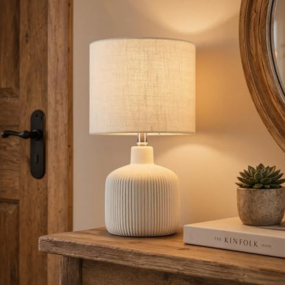 Ceramic Table Lamp, Off-White, 17.75" | Rustic Farmhouse, Beige Linen Shade, Warm Ambient Lighting, Bedside Nightstand - color: Off-White