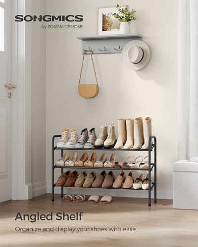 SONGMICS Expandable Shoe Rack, 3 Tier Shoe Rack Shelf, Adjustable Shoe Organizer Storage for 20 Pairs of Shoes, Metal Free Standing Shoe Racks for Closet, Front Door Entryway, Easy Assembly, Ink Black - size: 3 Tier (22.8"H)