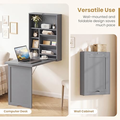 Giantex Wall Mounted Desk, Foldable Convertible Computer Desk with Storage Shelves, Space Saving Fold Out Table, Folding Floating Writing Desk for Small Spaces, Home Office, Bedroom, Apartment (Grey) - color: Grey