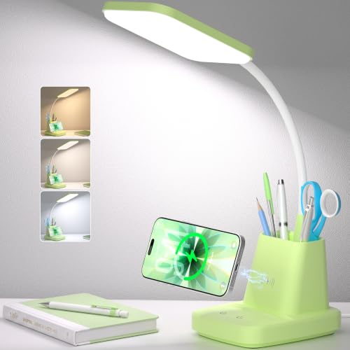 LED Desk Lamp with 10W Wireless Charging & Pen Holder, Light Green | CRI 95, 800LM, Stepless Dimming, 3 Modes, 360°Flexible Arm, Touch, Study Table Lamp for Home Office, Dorm Room, with Adapter - color: Green