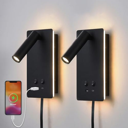 MOLUOLA LED Wall Lamp Wall Mounted Reading Lights Set of 2, Adjustable Headboard Plug in Wall Sconce with USB C+A Ports, Headboard Bedside Lamp with 9W+3W Night Light 3000K (Black) - color: Black, size: 2 Pack