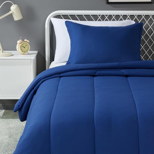 Amazon Basics 2-Piece Soft Microfiber Kid's Comforter and Pillow Sham Set, Twin, Navy, Solid - color: Navy, size: Twin