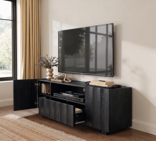 win2win 61" Modern TV Stand with Storage, Wave Design, Black | Media TV Console for Living Room Bedroom, Entertainment Center for 70 Inch TV, Wood Grain Finish, Adjustable Shelves - color: Black