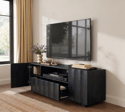win2win 61" Modern TV Stand with Storage, Wave Design, Black | Media TV Console for Living Room Bedroom, Entertainment Center for 70 Inch TV, Wood Grain Finish, Adjustable Shelves - color: Black
