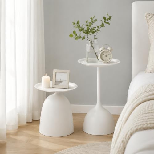 Round Nesting End Table Set of 2, White Side Table for Living Room - color: White
