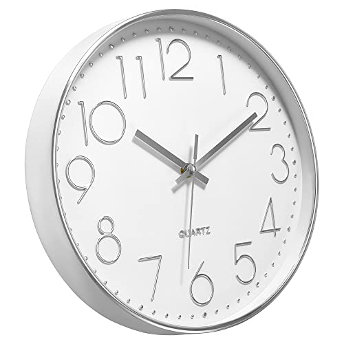 Foxtop Large 14" Wall Clock Silent Battery Operated Clock, Silver | Non-Ticking, Round, Analog Clock, Quartz, Easy to Read, Living Room, Bedroom, Kitchen, Office - color: Silver, size: 14 Inch Quartz
