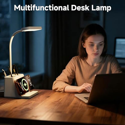 Desk Lamp with Fast Wireless Charger, College Dorm Room Table Light | 18 in, Adjustable LED, White, Small, Cute, for Home Office, with Charging Station, Pencil Holder