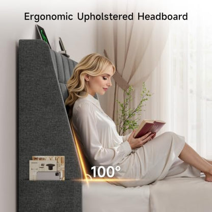 Ergonomic Upholstered Headboard Queen Size w/Charging Station, Linen Wingback Headboards w/Storage Pocket, Queen Headboard Only, Bed Frame Adapters, Sturdy Stable Solid Wood Bed Head Board, Dark Grey - color: Dark Grey, size: Queen