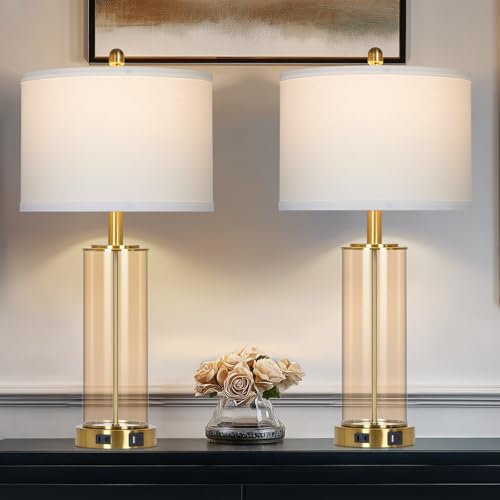26" Modern Brown Glass Table Lamps Set of 2, Bedside Lamp with USB A+C Ports & AC Outlet, Living Room Lamps with 3-Way Dimmable Touch Control, Stylish Bedside Lamp for Bedroom Nightstand Dining Table - color: Brown