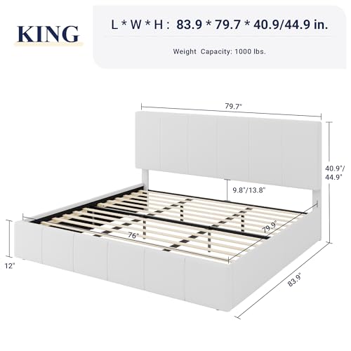 Allewie King Size Dutch Velvet Upholstered Platform Bed Frame/Vertical Channel Tufted Adjustable Headboard/Low Profile Bed Frame/No Box Spring Needed/Easy Assembly/White - color: White, size: King