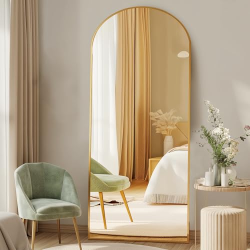 DUMOS 63"x20" Arched Full Length Floor Mirror, Full Body Mirror with Stand | Shatterproof Tempered Glass, Modern Aluminum Alloy Frame, Free Standing or Leaning for Home Decor, Gold - color: Gold-rounded, size: 63"L x 20"W