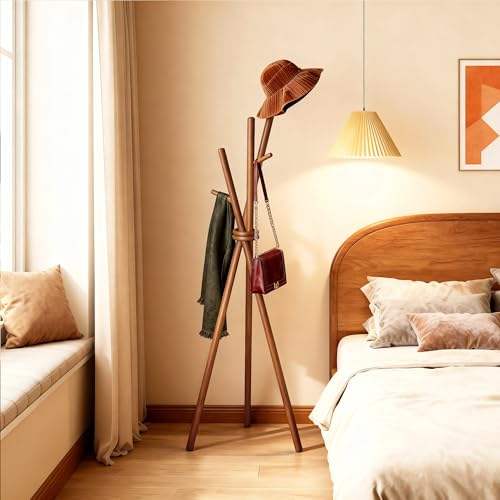 VICITON Wooden Coat Rack, Tripod Coat Tree Freestanding with 3 Hooks for Clothes, Hats and Handbags, Coat Hanger Stand for Bedroom, Living Room, Entryway (Dark) - color: Dark