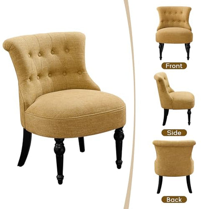 Upholstered Accent Chair, French Country Side Chair (1, Yellow) | with Tufted Backrest, Thick Padded Seat and Solid Wood Legs for Bedroom, Living Room, Vanity & Reading Nook - color: Yellow