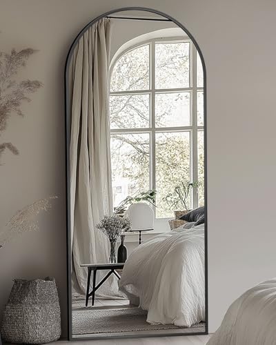 Full Length Mirror with Stand, 58"x19" Arched Full Body Mirror, Large Stand Up Aluminum Frame Floor Freestanding Hanging Leaning Mounted for Bedroom Living Room Entryway Black - color: Black, size: 58"L x 19"W