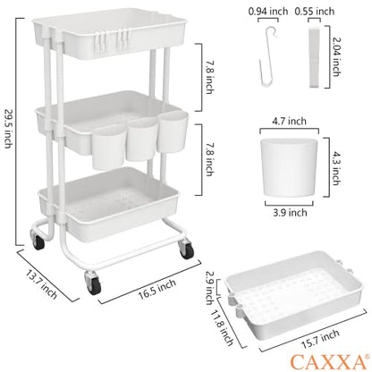 3-Tier Rolling Storage Organizer with 3 Small Baskets - Mobile Utility Cart with Caster Wheels (White)
