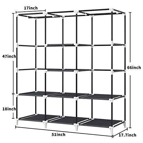 51 Inch Grey Portable Closet Bundle with 51 Inch Black Portable Wardrobe with 4 Hanging Rods, 16 Storage Organizer Shelves, Durable and Easy to Assemble