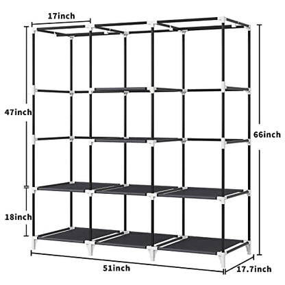 51 Inch Grey Portable Closet Bundle with 51 Inch Black Portable Wardrobe with 4 Hanging Rods, 16 Storage Organizer Shelves, Durable and Easy to Assemble