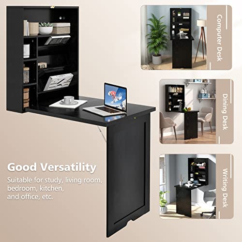 GOFLAME Wall Mounted Folding Desk with 3-Tier Tilt Storage Partition and Adjustable Shelves, Space-Saving Convertible Writing Desk for Home Office, Black - color: Black