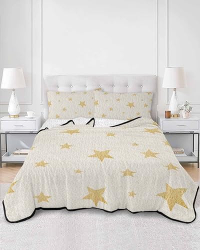 Summer Quilts King Size, Lightweight Quilted Coverlet Boho Minimalist Comforter Set for Bed, All Season Bedspreads Gold Cream Minimalist Motif Quilt Bedding with 2 Pillowcases 96x106 Inch - size: King