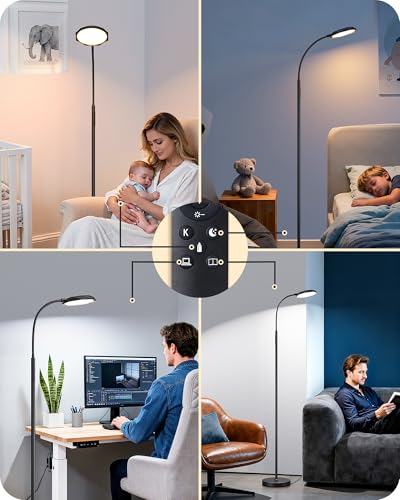 EDISHINE LED Floor Lamp 1300LM Super Bright Reading Floor Lamps Black | Dimmable, 4CCT, Remote & Touch Control, Adjustable Gooseneck, Dual Timer Design, for Bedroom, Living Room, Office - color: Black