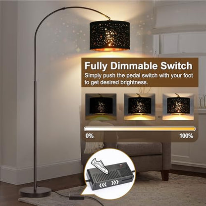 Dimmable Floor Lamp, Arc Floor Lamp with Adjustable Star Shade, Black | Arched Tall Modern Standing Lamp, Mid Century Reading Light Pole Lamp for Living Room, Bedrooms, Office, 9W LED Bulb Included - color: Black Base with Stars Shade