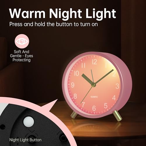 JALL Analog Alarm Clock, 4 inch Super Silent Non Ticking Small Clock with Night Light, Battery Operated, Simple Design, Easy Setting for Office, Bedroom, Bedside, Desk, Teens, Elders, Adult, Pink - color: Pink+gold