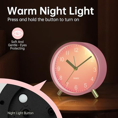 JALL Analog Alarm Clock, 4 inch Super Silent Non Ticking Small Clock with Night Light, Battery Operated, Simple Design, Easy Setting for Office, Bedroom, Bedside, Desk, Teens, Elders, Adult, Pink - color: Pink+gold