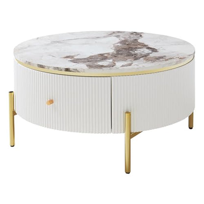 Modern Round Coffee Table with 2 Large Drawers Storage Accent Table(31.5'') - color: Off White