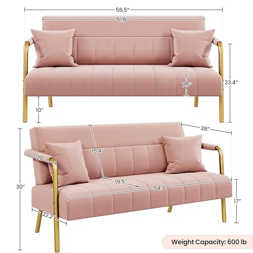 Yaheetech 56.5" Smal Sofa 2 Seater Couch with Gold-Tone Legs, Pink | Small Sofa Loveseat Velve 2 Seater Couch with Tufted Back Gold Metal Frame 2 Pillows for Office, Studio,Living Room - color: Pink, size: 56.5" W