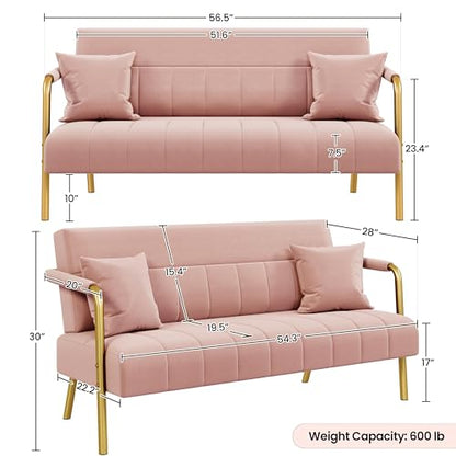 Yaheetech 56.5" Smal Sofa 2 Seater Couch with Gold-Tone Legs, Pink | Small Sofa Loveseat Velve 2 Seater Couch with Tufted Back Gold Metal Frame 2 Pillows for Office, Studio,Living Room - color: Pink, size: 56.5" W