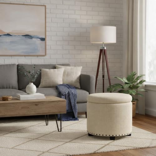 HomePop 18.5" Round Storage Ottoman with Nailheads - Cream Woven - color: Oatmeal Linen