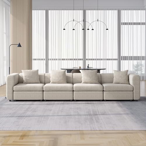 4 Seater Velvet Sectional Sofa, Modern Oversized Couch with 4 Pillows, 4 Seat Sofa Couch for Living Room, Apartment, Office, Small Space, Beige, 4 Seat (No Ottoman), 140.94" L - size: 4 Seat Sofa (No Ottoman)