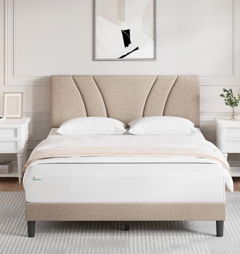Novilla Queen Bed Frame with Headboard, Linen Upholstered Bed Frame Queen Size with Wood Slats Support, No Box Spring Needed, Heavy Duty Feet, Easy Assembly, Light Beige - color: Light Beige, size: Queen