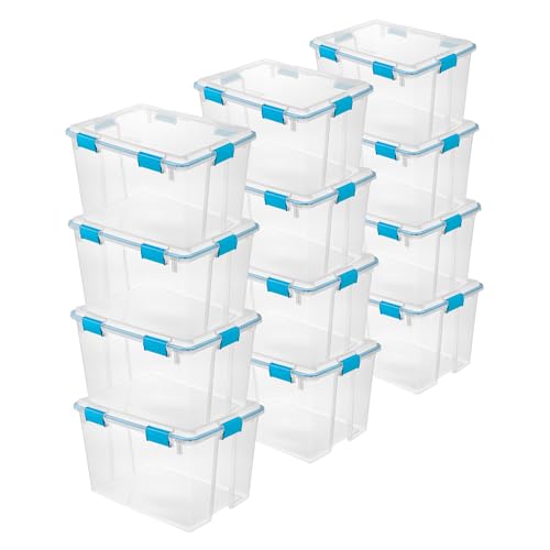 Sterilite Gasket Storage Box with Lids for Home & Office, 80 Quart, 12-Pack | Heavy-Duty, Stackable, and Organizing Containers for Bathroom, Cabinet, Closet, and Garage, Clear and Blue Aquarium Latches - size: 80 Quart, style: 12 Pack