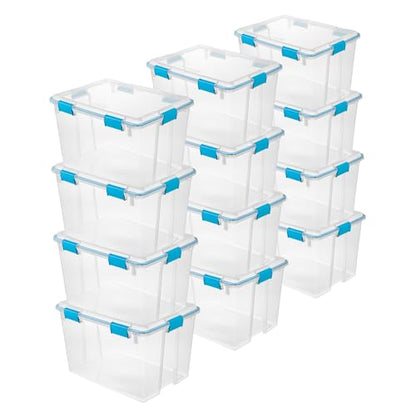 Sterilite Gasket Storage Box with Lids for Home & Office, 80 Quart, 12-Pack | Heavy-Duty, Stackable, and Organizing Containers for Bathroom, Cabinet, Closet, and Garage, Clear and Blue Aquarium Latches - size: 80 Quart, style: 12 Pack
