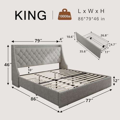 Einhomn Upholstered King Size Bed Frame with 4 Storage Drawers, Modern Platform Bed with Wingback Headboard, Charging Station, No Box Spring Needed, Light Grey - color: Light Gray, size: King