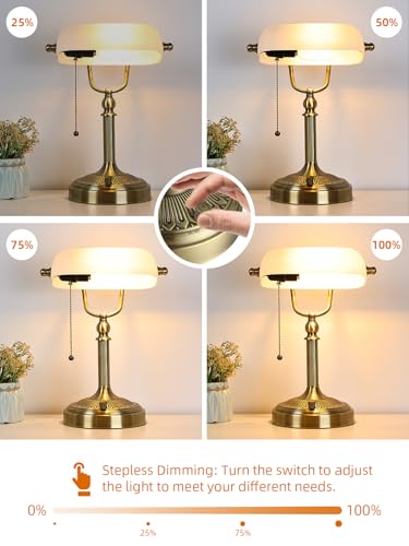 White Matted Stepless Dimmable Glass Bankers Desk Lamp | Table Lamp Plug in Fixture for Study Home Office Library, LED Bulb Included - color: White