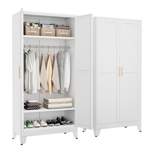 Metal Armoire Wardrobe Closet, 71" Black Clothing Storage Cabinet | with Adjustable Shelves, and Hanging Rod, Steel clothes closets and Storage, for Laundry Room, Bedroom, Home Office - color: No Mirror-white, size: No Drawer