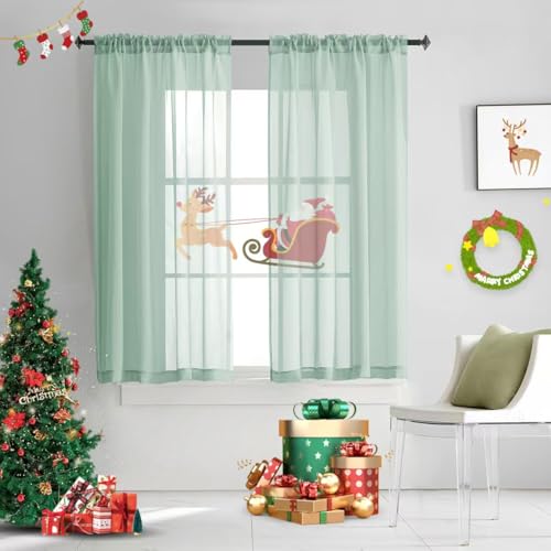 Mint Green Semi Sheer Curtains Rod Pocket 63 Inch Length Faux Linen Curtain Sage Green Sheers for Bedroom Living Room Girls Kids Room 2 Panels 52x63 - color: Mint Green, size: 52"W x 63"L (Pack of 2)