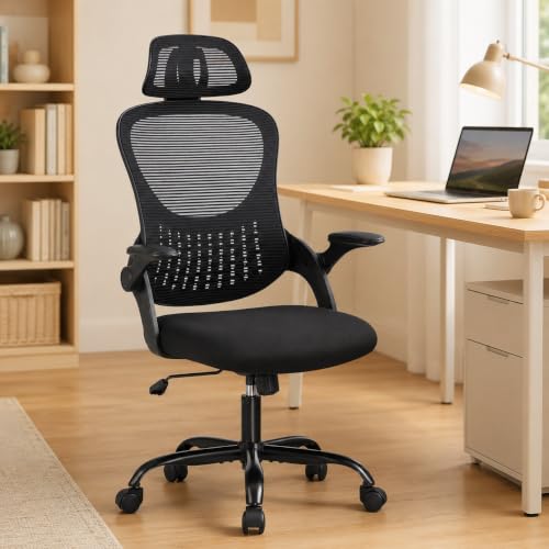 Black Ergonomic Office Chair, High Back Mesh Desk Chair with Adjustable Headrest Lumbar Support, Computer Chairs with Flip-up Armrests and Thickened Cushion for Adults Home Office, 360° Swivel - color: Black With Headrest